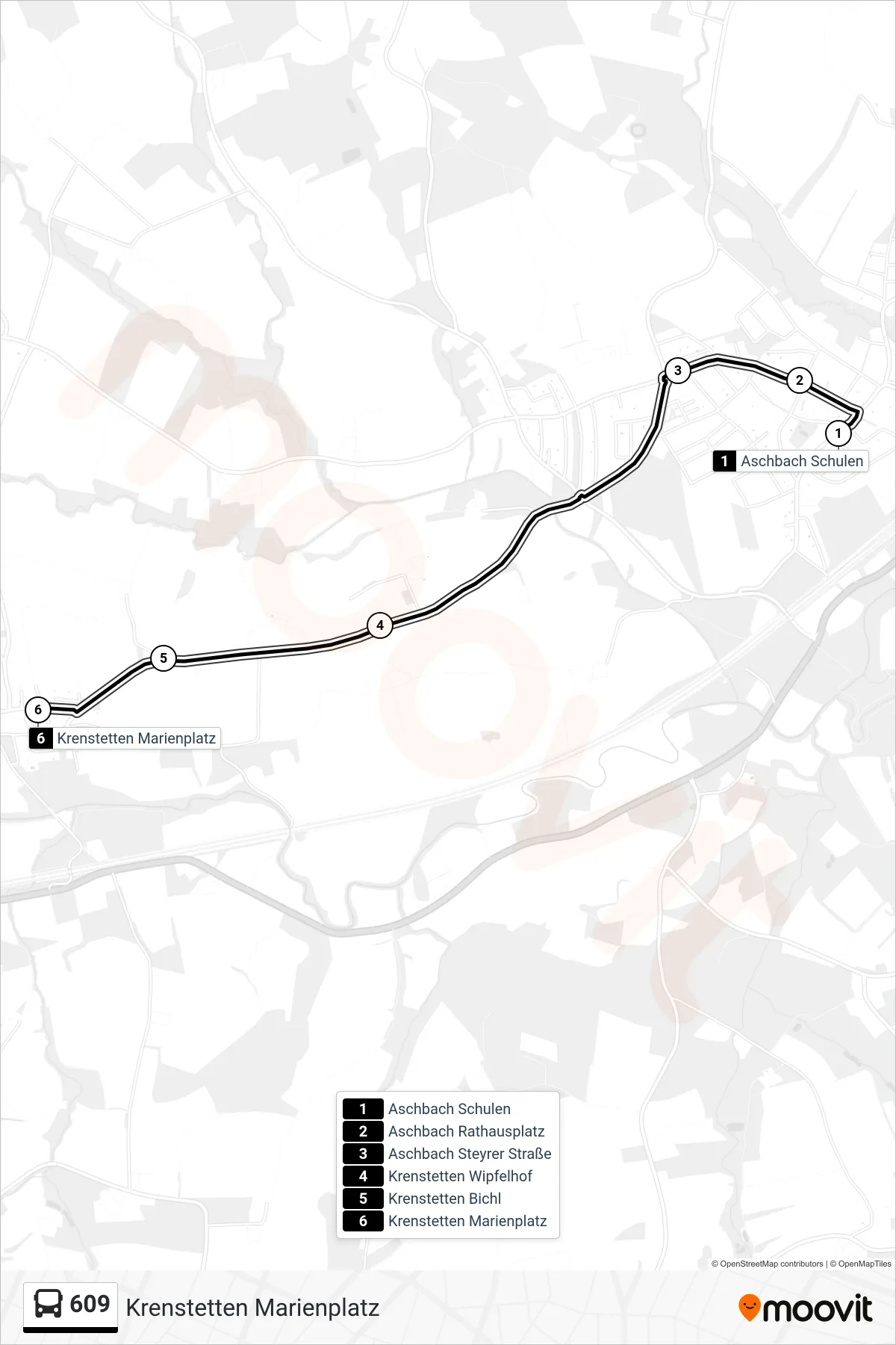 Linie 609 (Bus) Richtung Krenstetten Marienplatz: Route und Haltestellen auf der Karte