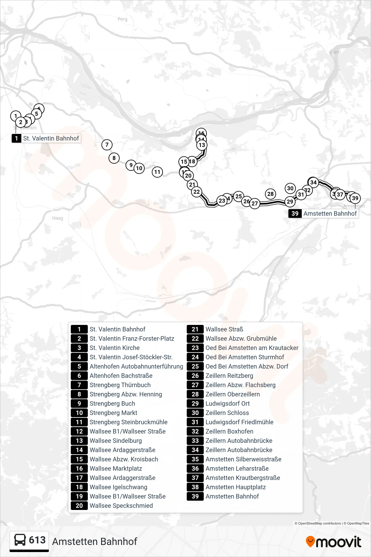 613 bus Line (Amstetten Bahnhof) route and stops on a map