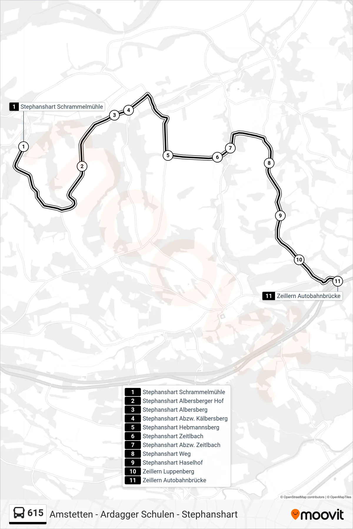 615 bus Line (Zeillern Autobahnbrücke) route and stops on a map