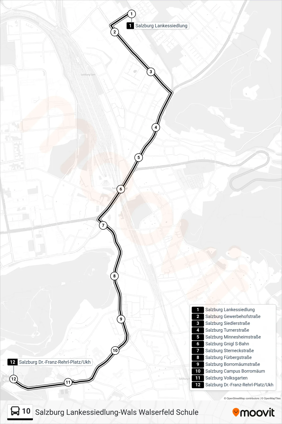 Linie 10 (Bus) Richtung Dr.-Franz-Rehrl-Pl.: Route und Haltestellen auf der Karte