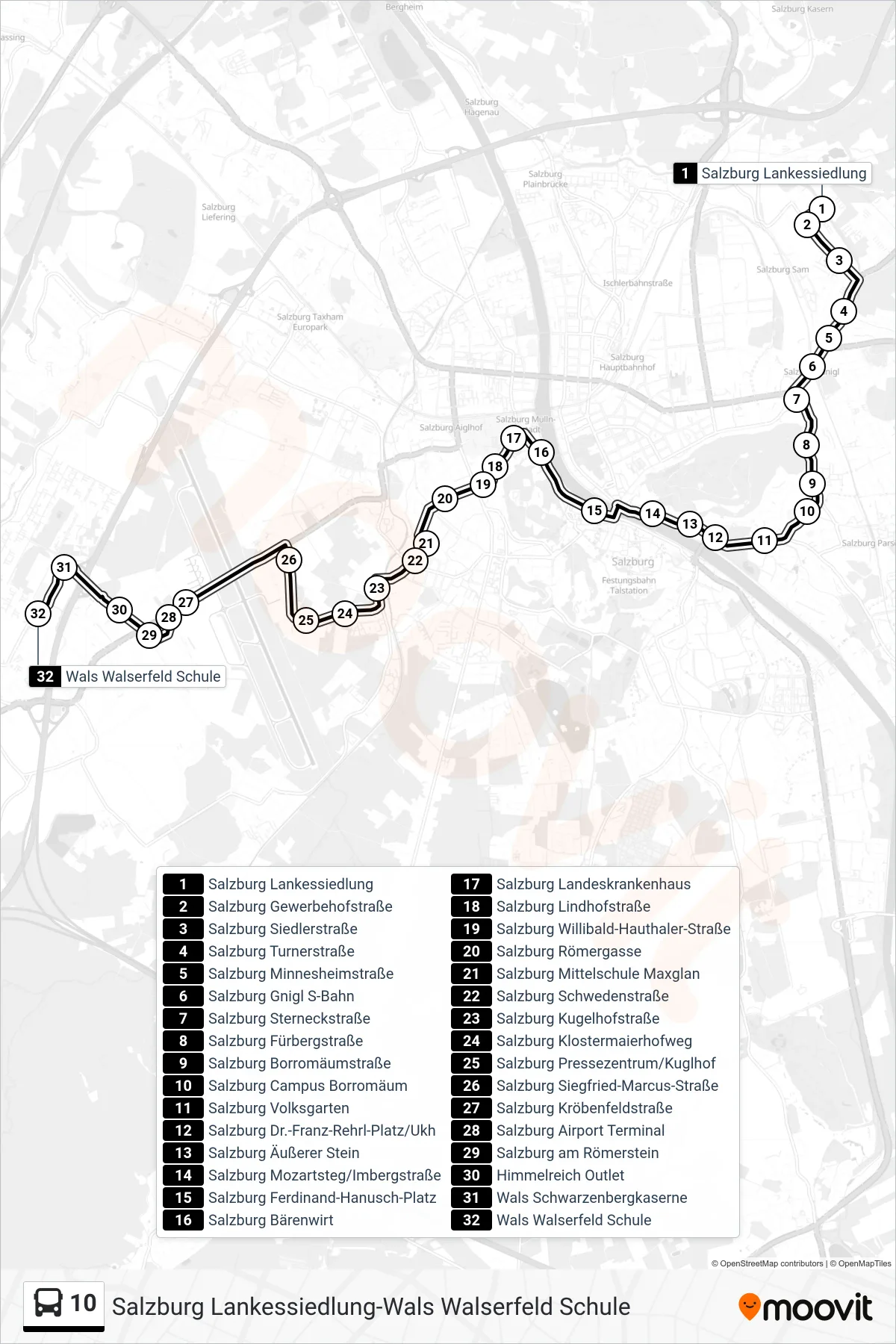 Linie 10 (Bus) Richtung Walserfeld: Route und Haltestellen auf der Karte