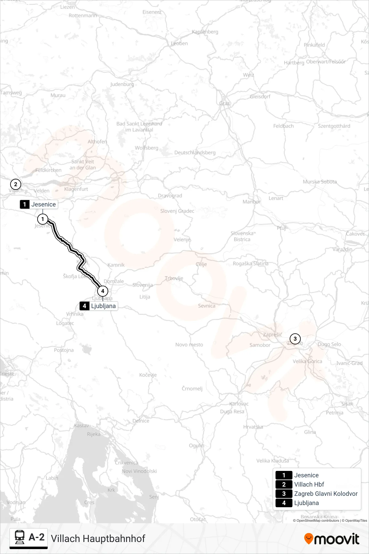 Linie A-2 (Bahn) Richtung Villach Hauptbahnhof: Route und Haltestellen auf der Karte