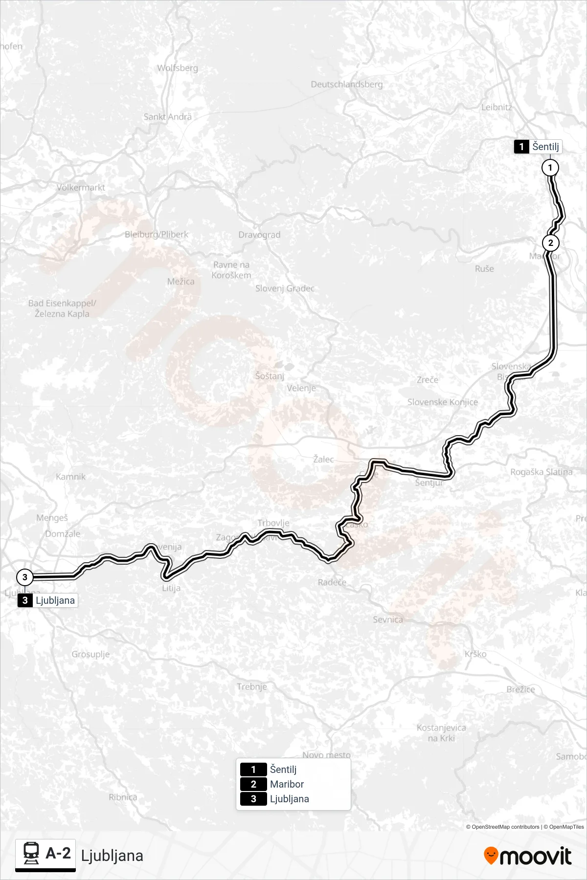 A-2 train Line (Ljubljana) route and stops on a map