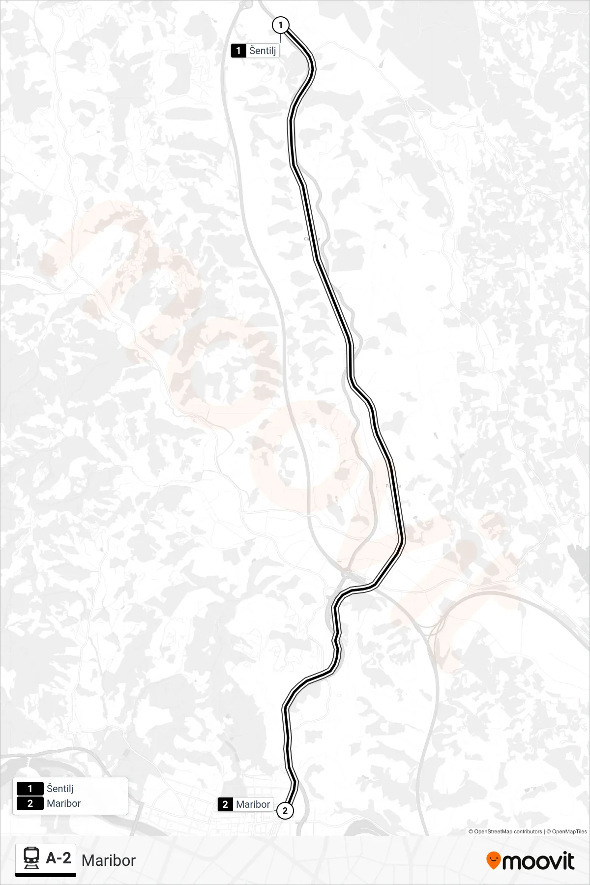 A-2 train Line (Maribor) route and stops on a map