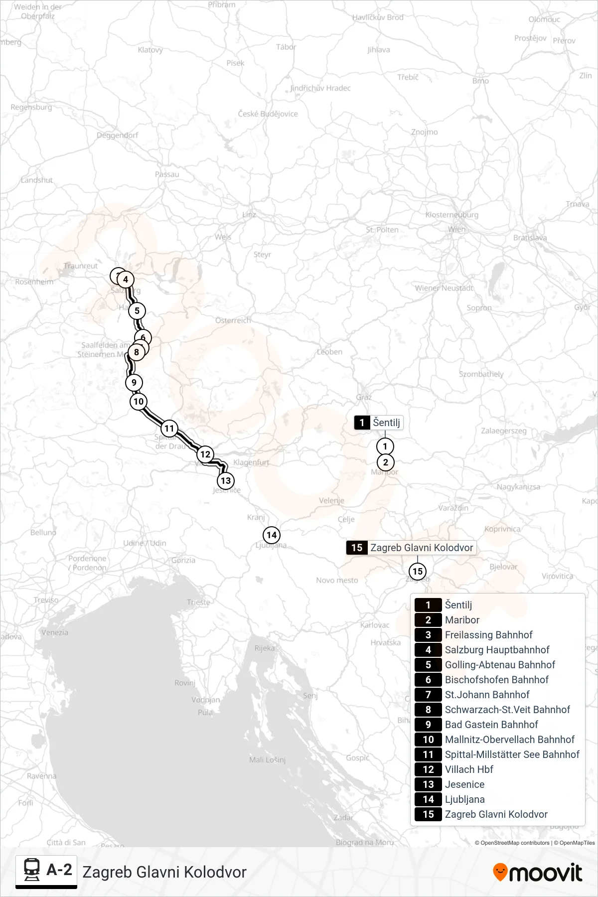 A-2 train Line (Zagreb Glavni Kolodvor) route and stops on a map
