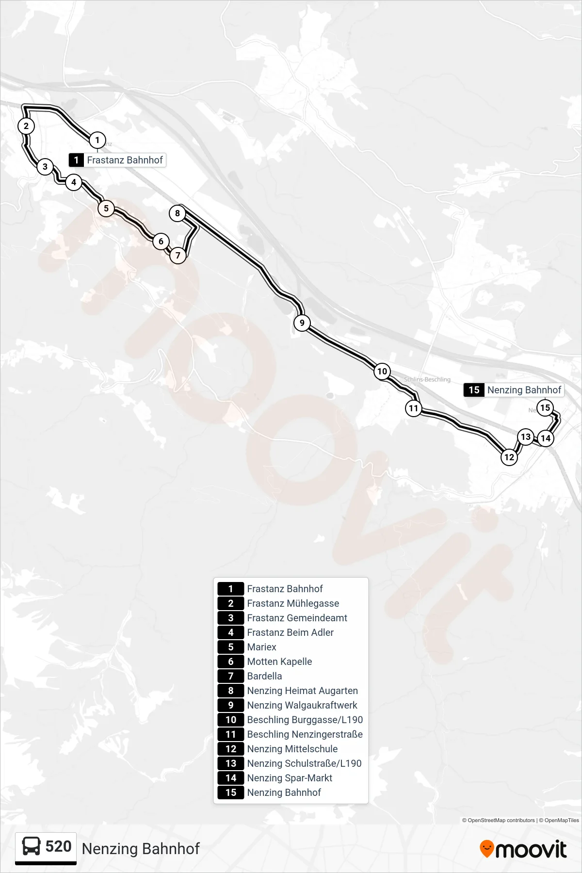 520 bus Line (Nenzing Bahnhof) route and stops on a map