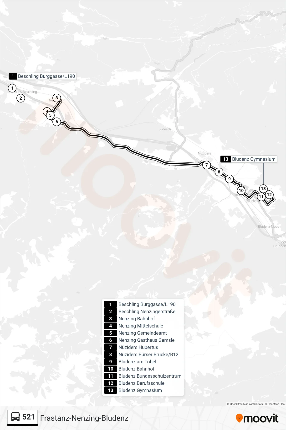 521 bus Line (Bludenz Gymnasium) route and stops on a map