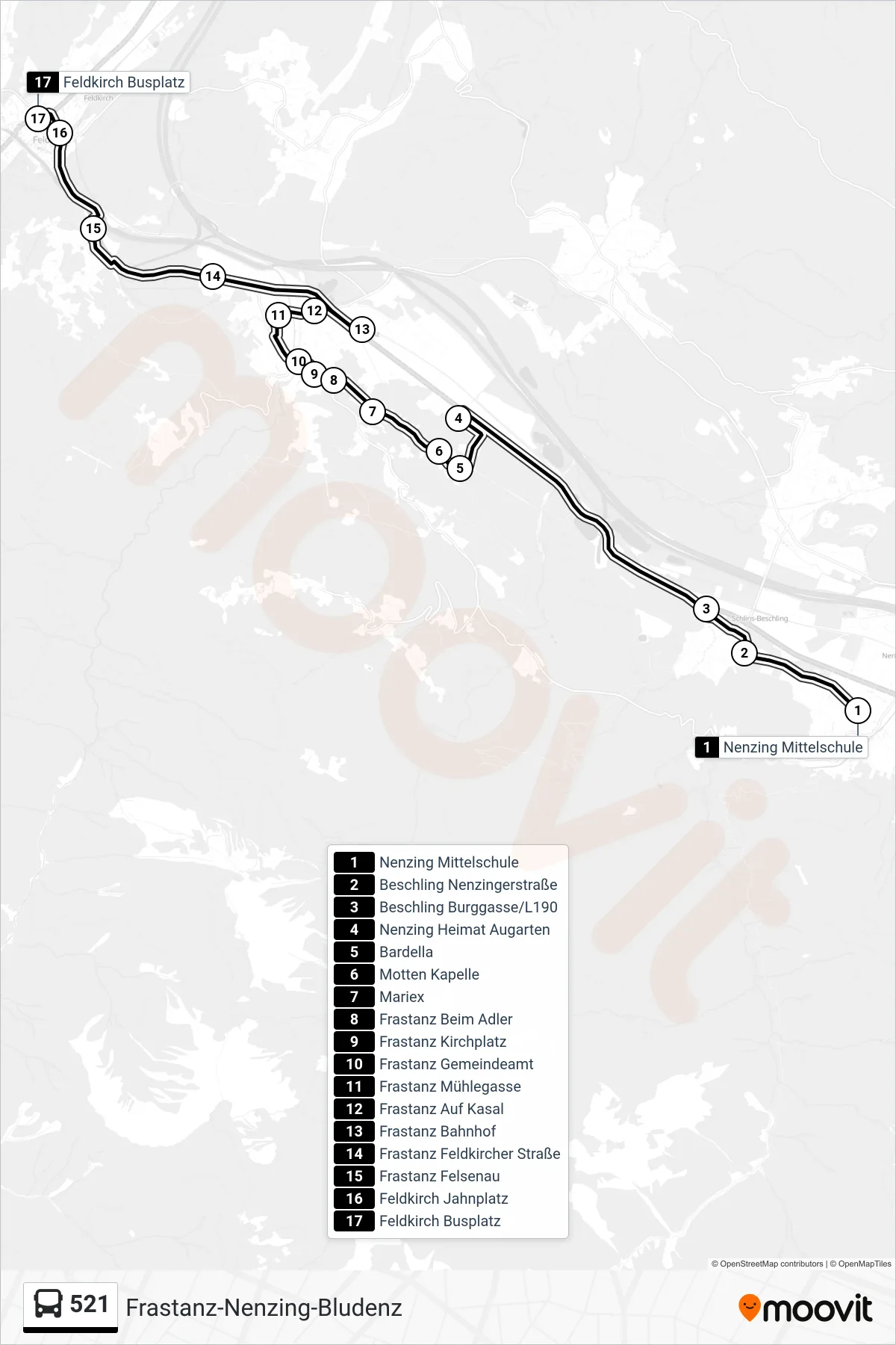 521 bus Line (Feldkirch Busplatz) route and stops on a map
