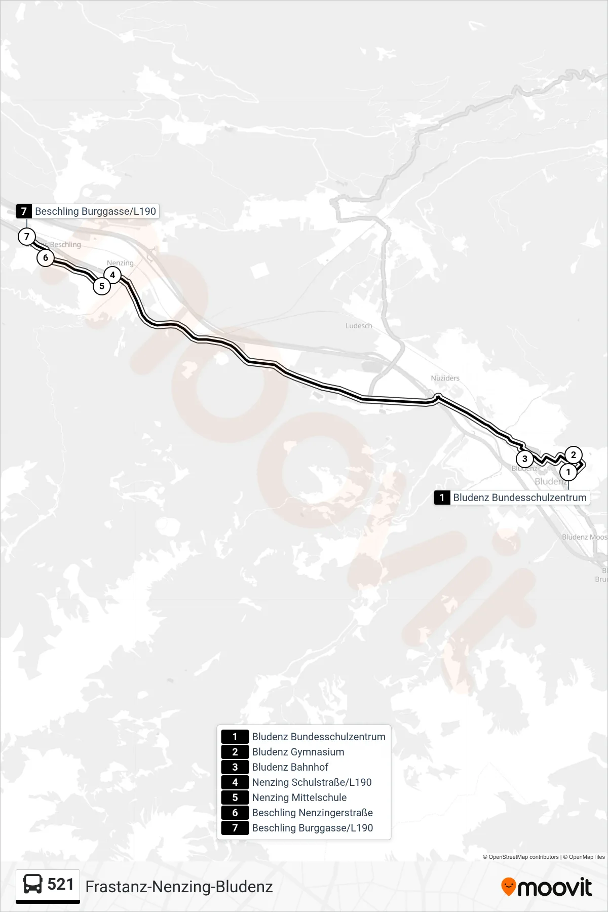 Linie 521 (Bus) Richtung Beschling Burggasse/L190: Route und Haltestellen auf der Karte