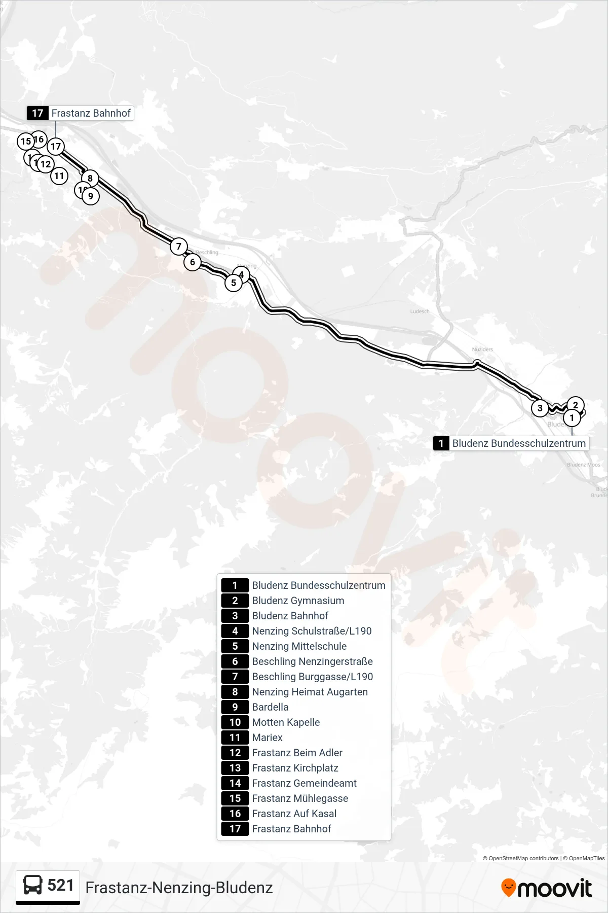 Linie 521 (Bus) Richtung Frastanz Bahnhof: Route und Haltestellen auf der Karte