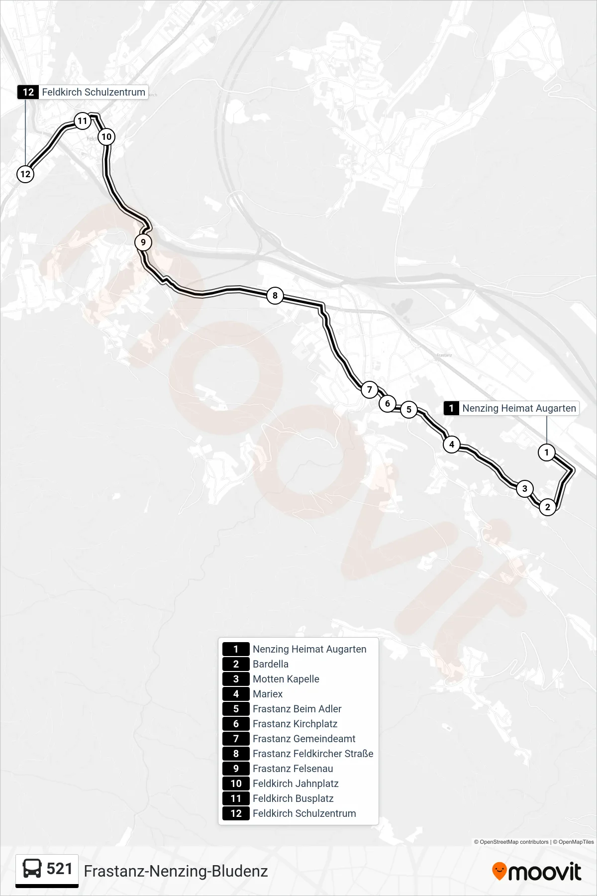 Linie 521 (Bus) Richtung Feldkirch Schulzentrum: Route und Haltestellen auf der Karte