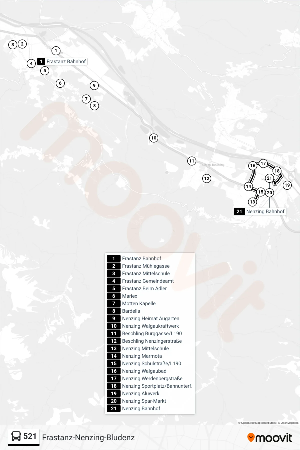 Linie 521 (Bus) Richtung Nenzing Bahnhof: Route und Haltestellen auf der Karte