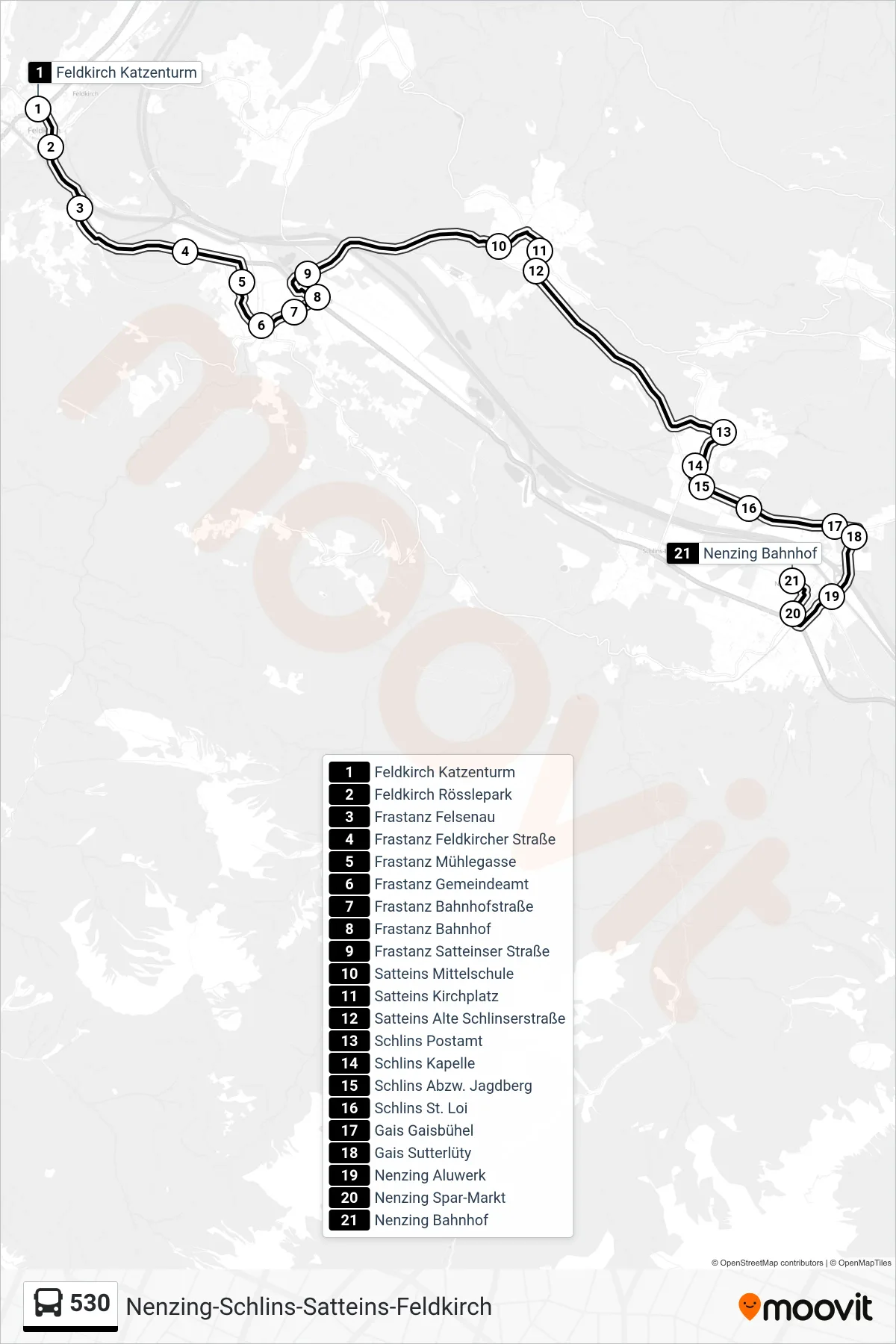 530 bus Line (Nenzing Bahnhof) route and stops on a map