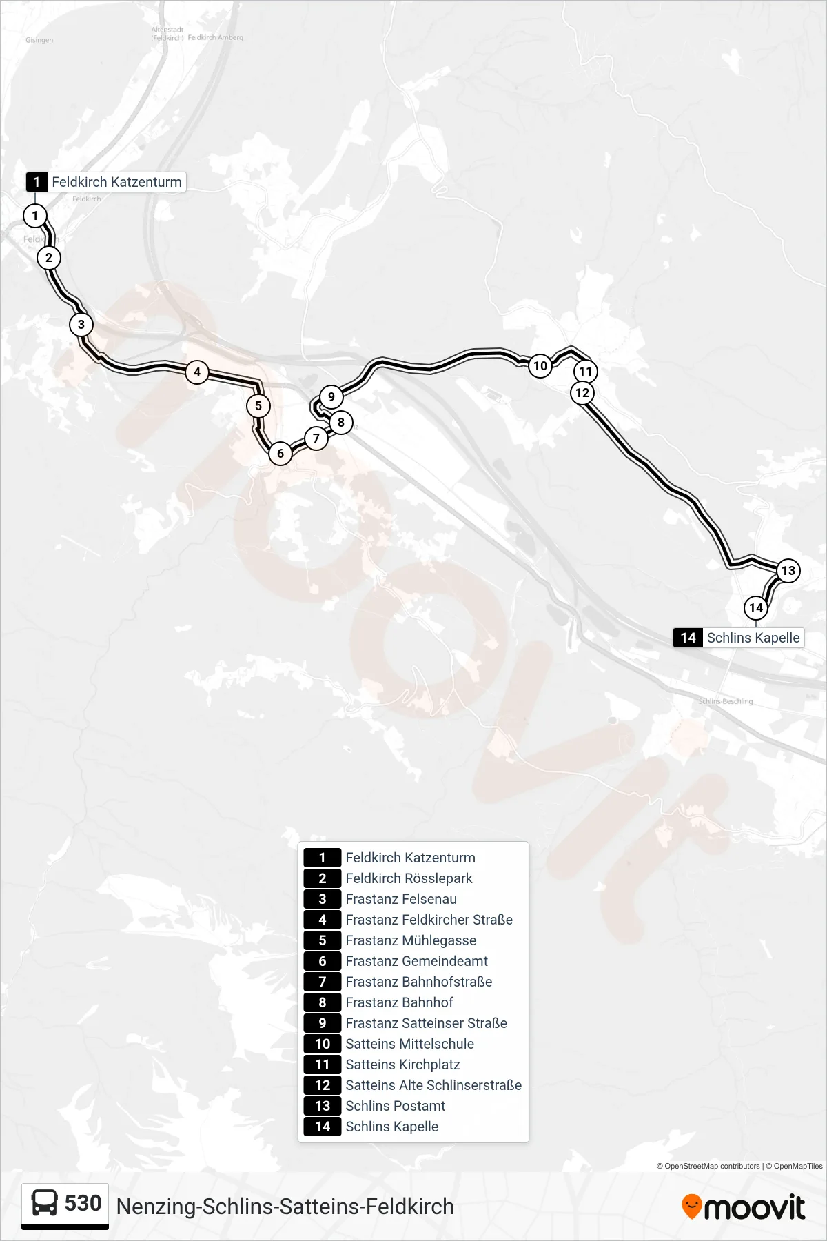 Linie 530 (Bus) Richtung Schlins Kapelle: Route und Haltestellen auf der Karte