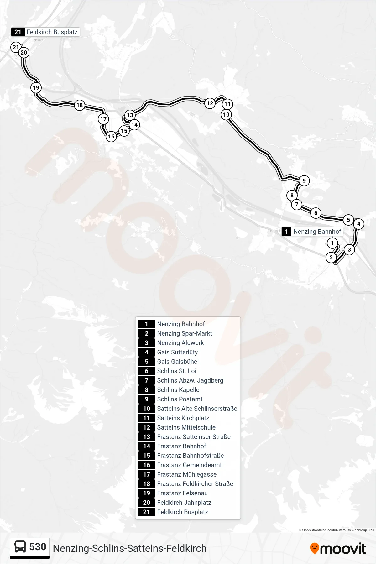 530 bus Line (Feldkirch Busplatz) route and stops on a map