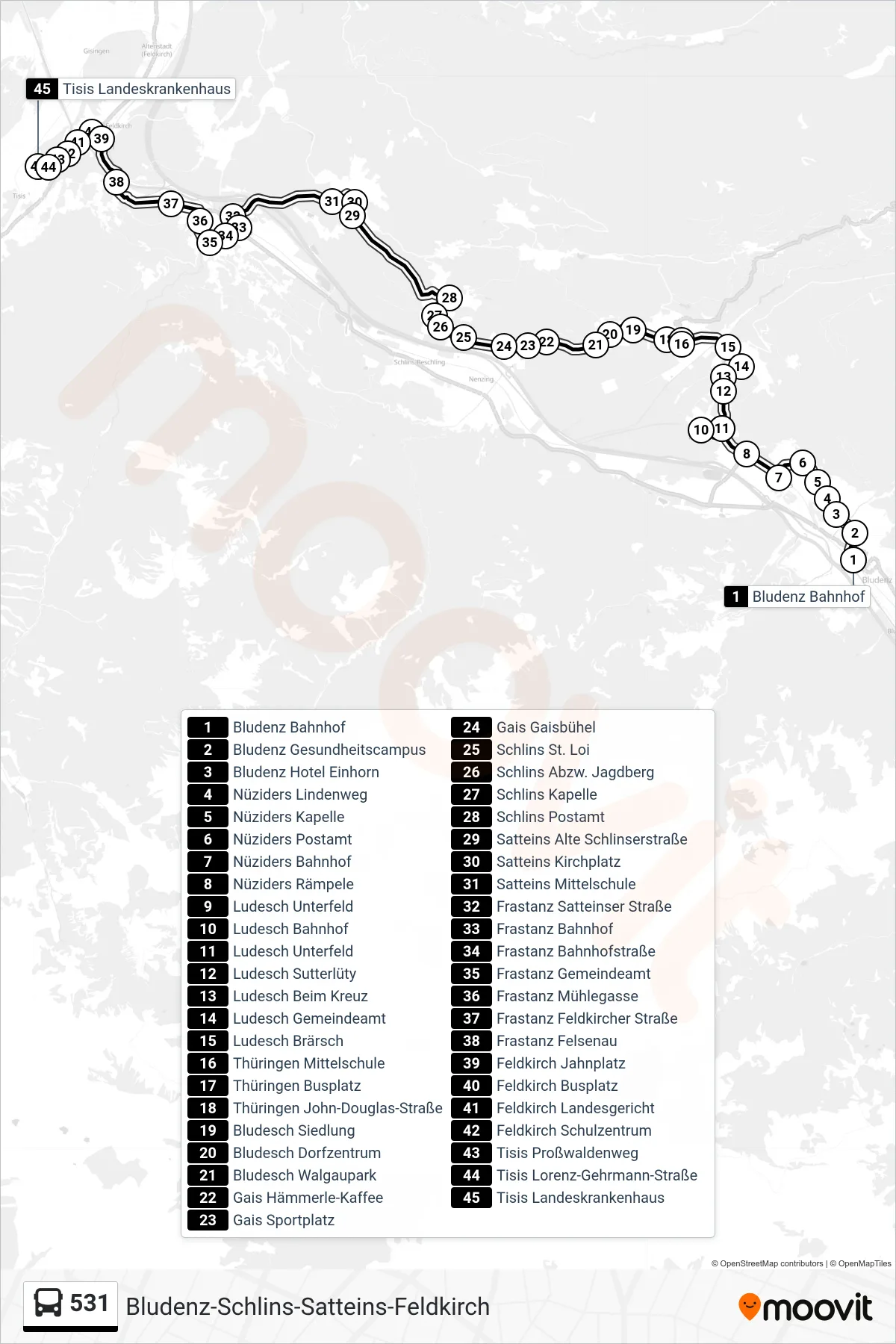 531 bus Line (Tisis Landeskrankenhaus) route and stops on a map