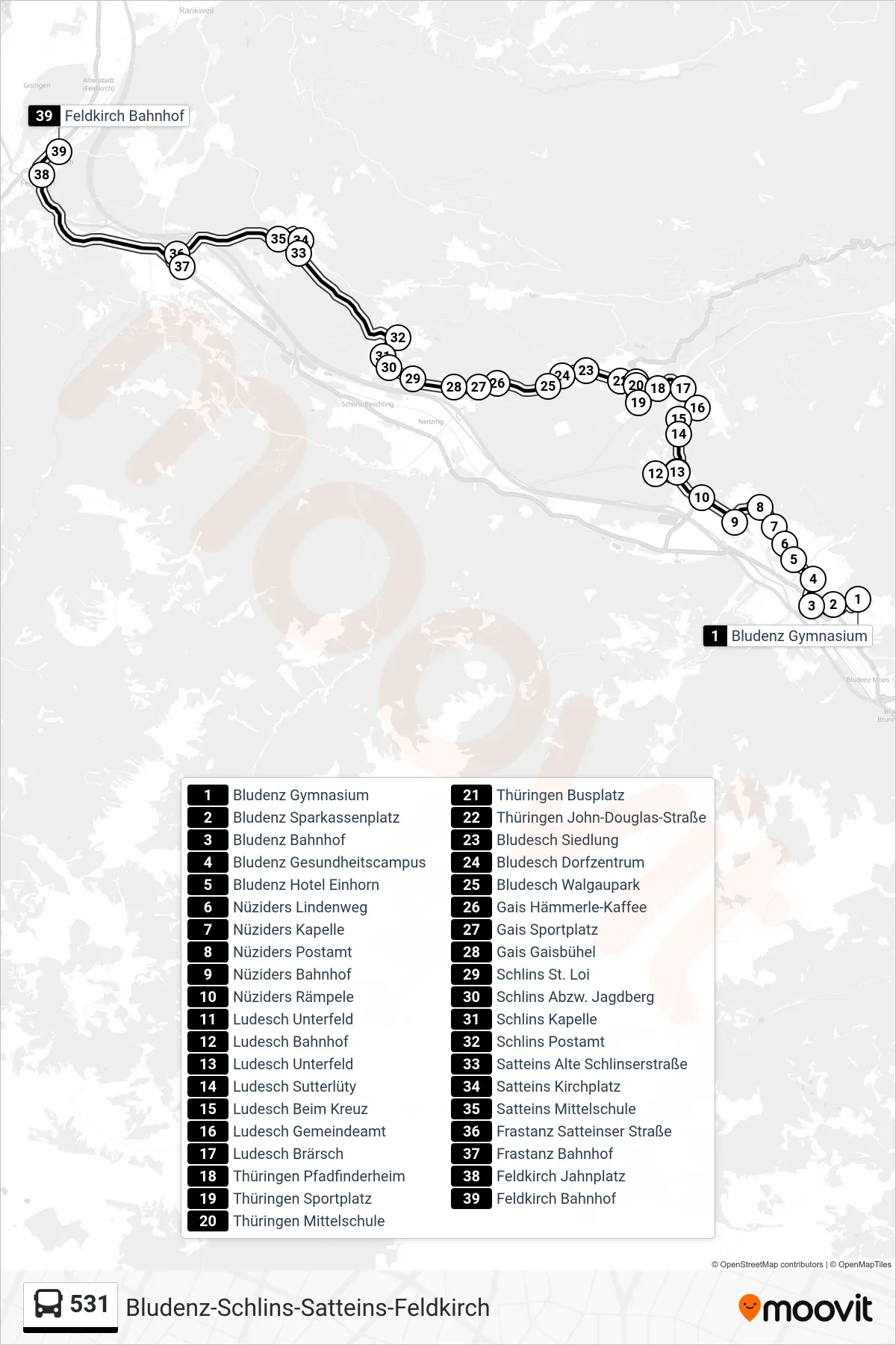 531 bus Line (Feldkirch Bahnhof) route and stops on a map