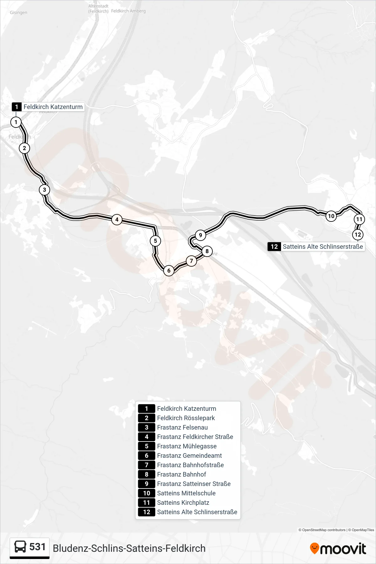 531 bus Line (Satteins Alte Schlinserstraße) route and stops on a map