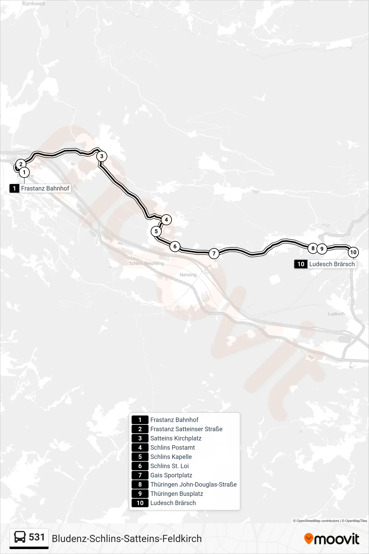 531 bus Line (Ludesch Brärsch) route and stops on a map