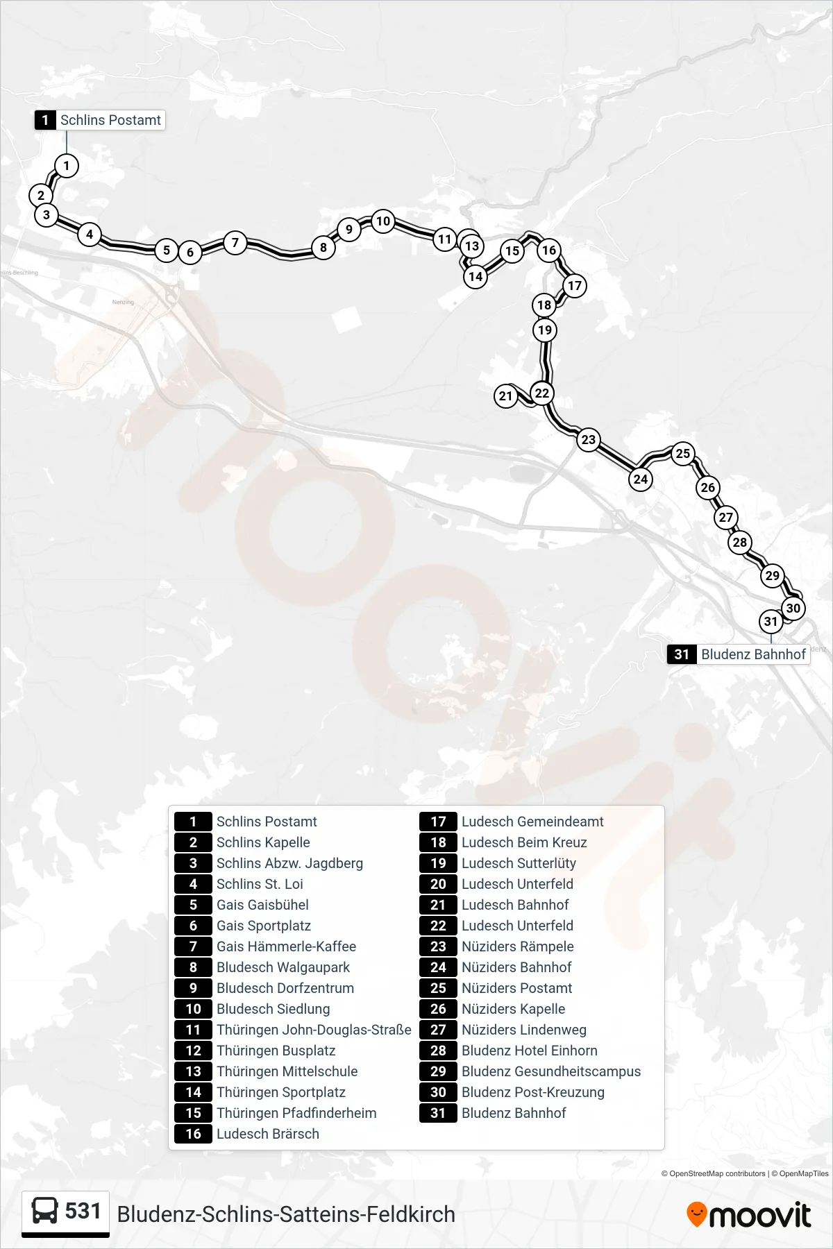 531 bus Line (Bludenz Bahnhof) route and stops on a map