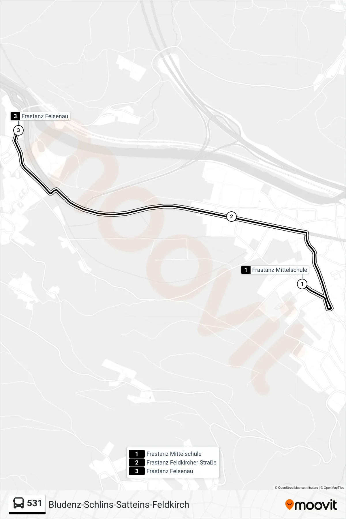 Linie 531 (Bus) Richtung Frastanz Felsenau: Route und Haltestellen auf der Karte