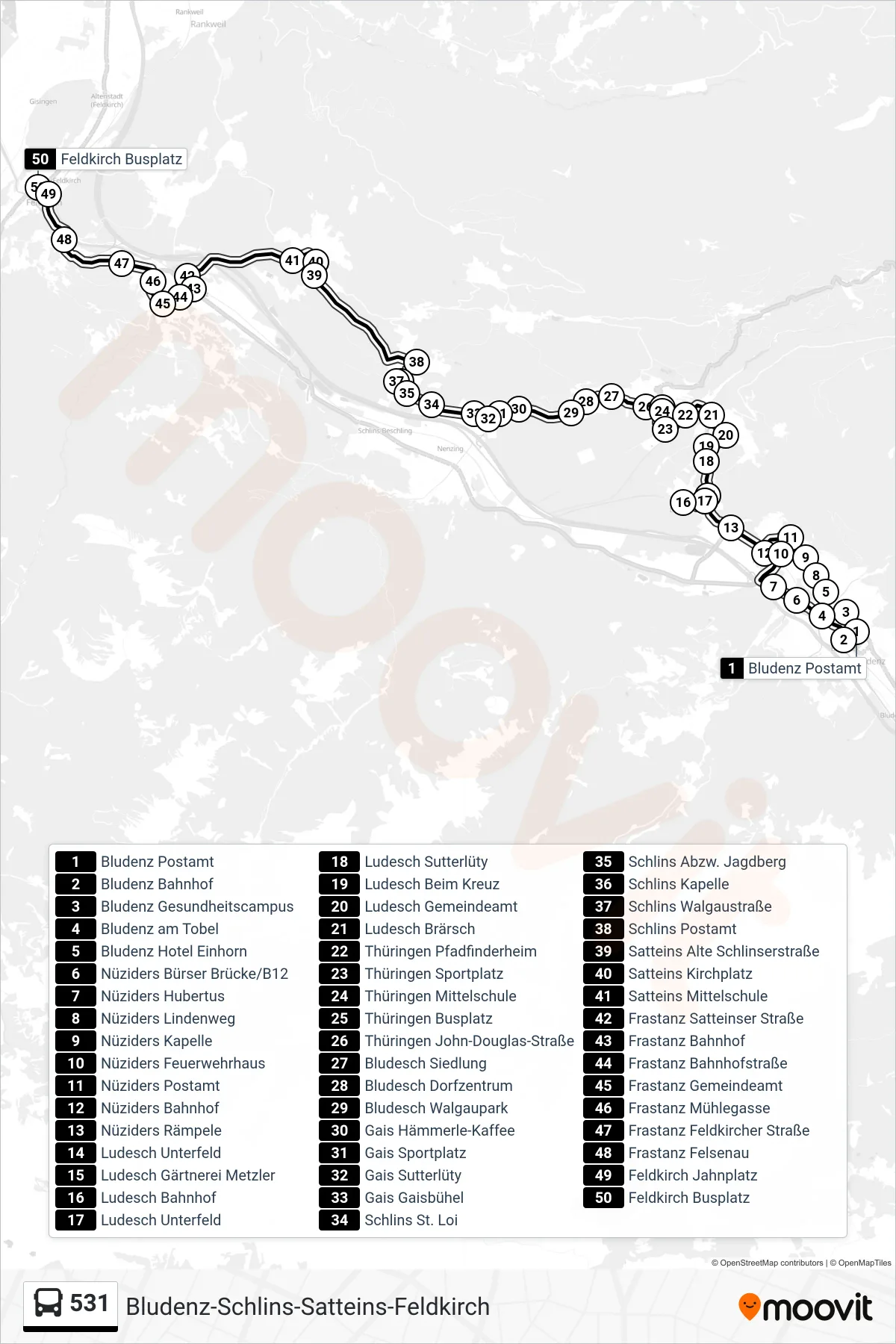 531 bus Line (Feldkirch Busplatz) route and stops on a map