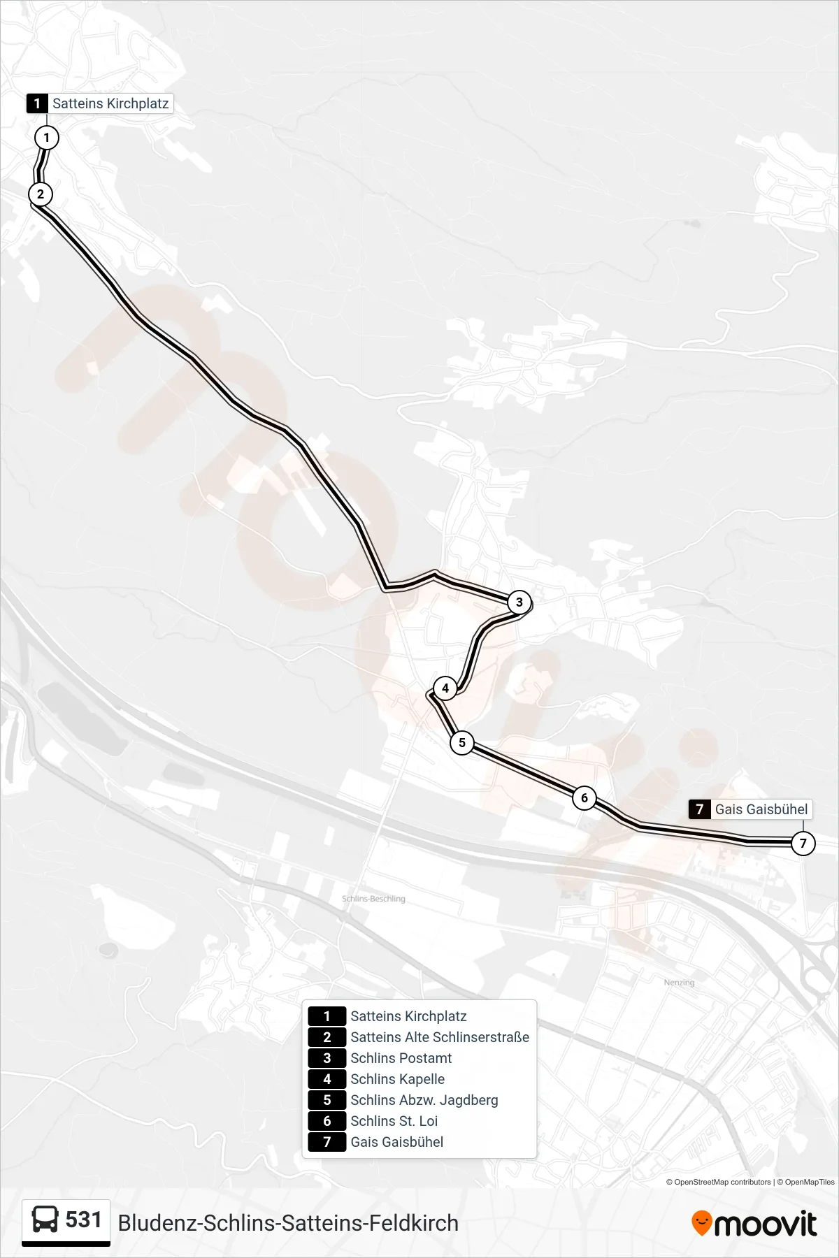 Linie 531 (Bus) Richtung Gais Gaisbühel: Route und Haltestellen auf der Karte