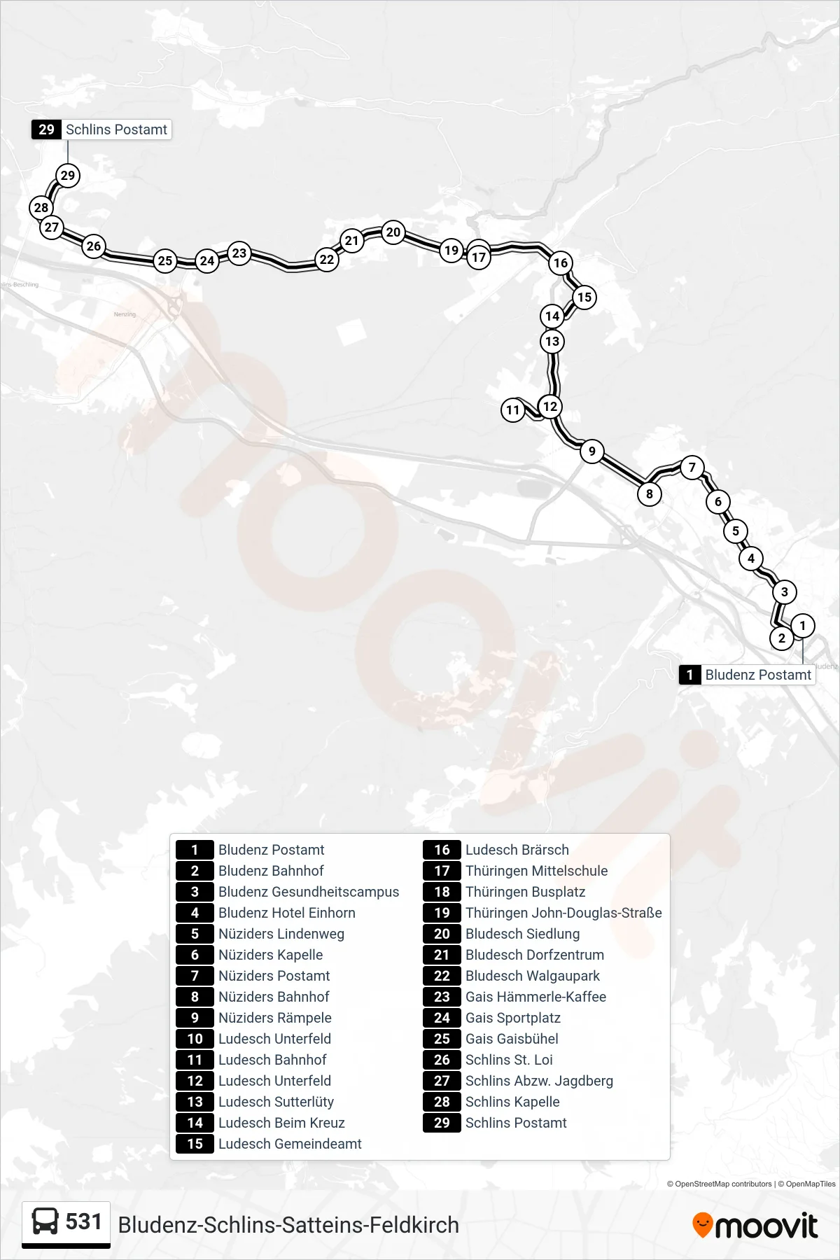 531 bus Line (Schlins Postamt) route and stops on a map