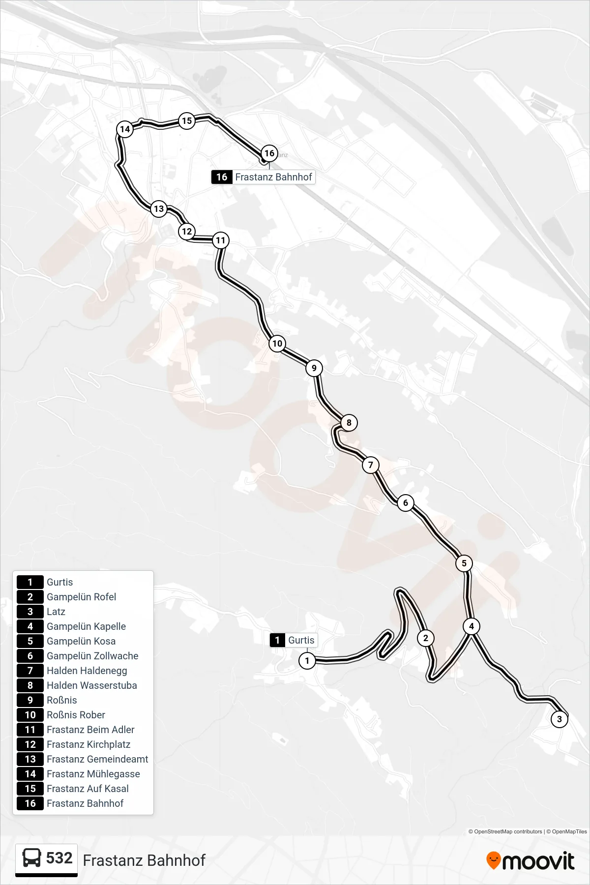 Linie 532 (Bus) Richtung Frastanz Bahnhof: Route und Haltestellen auf der Karte