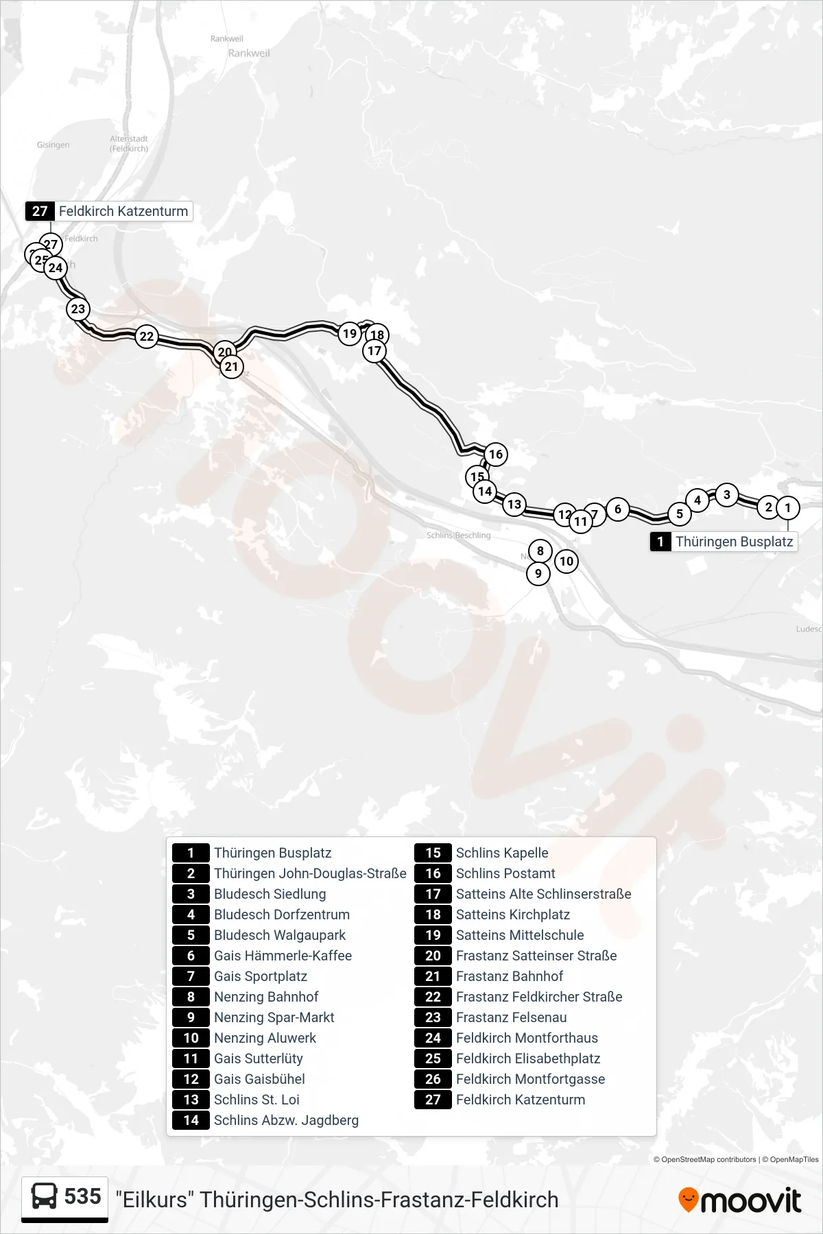 Linie 535 (Bus) Richtung Feldkirch Katzenturm: Route und Haltestellen auf der Karte