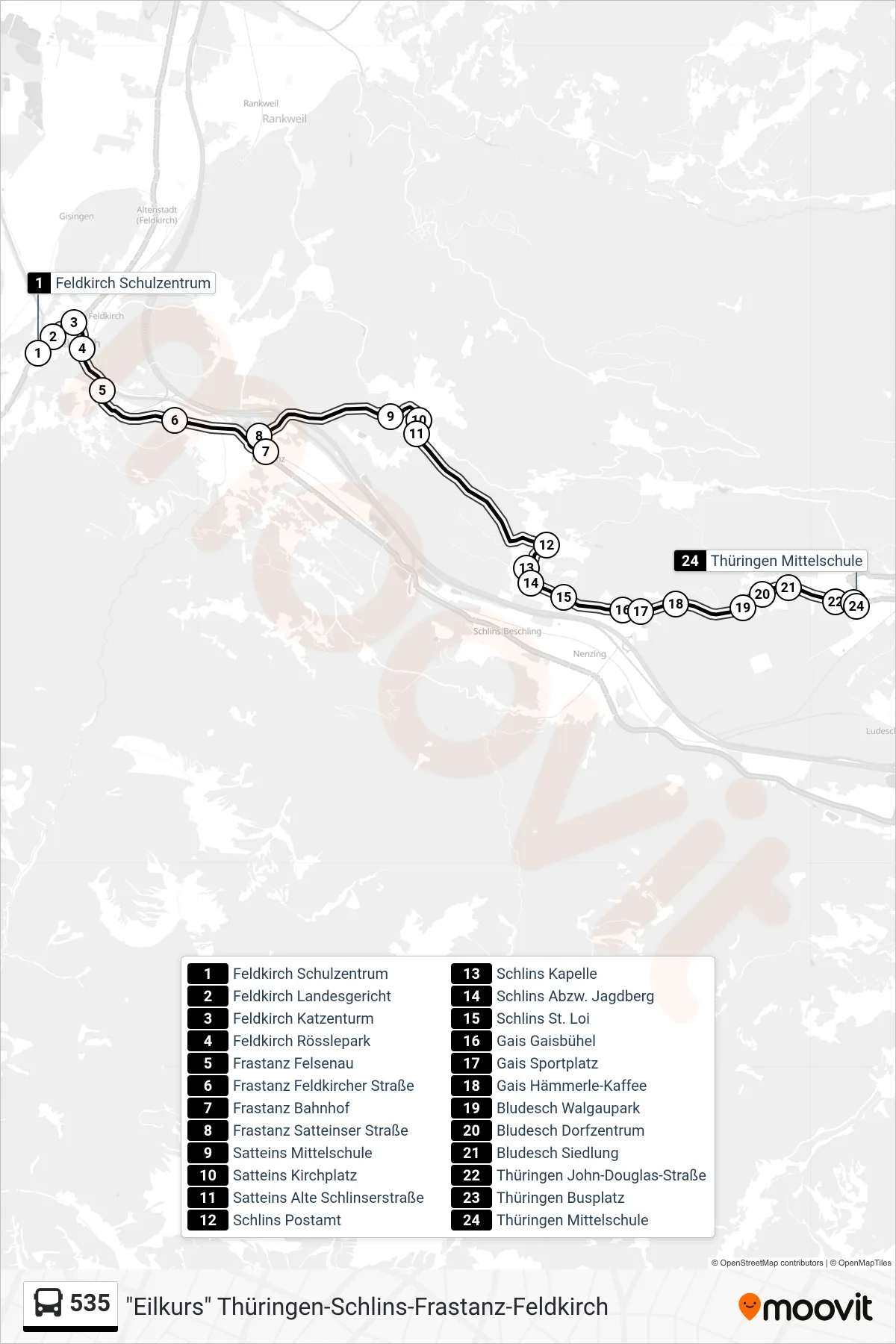 535 bus Line (Thüringen Mittelschule) route and stops on a map
