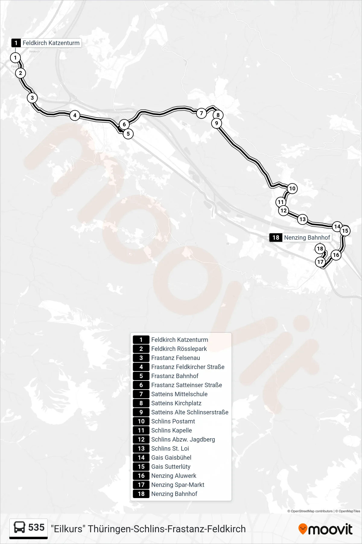 535 bus Line (Nenzing Bahnhof) route and stops on a map