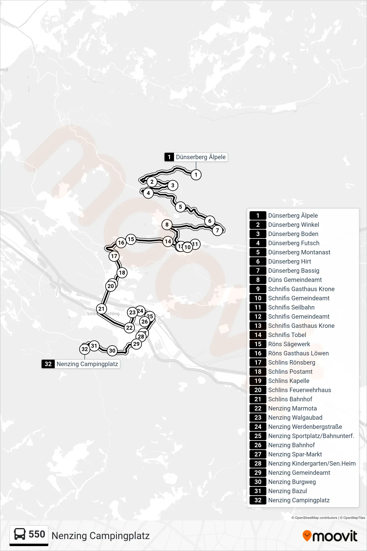 550 bus Line (Nenzing Campingplatz) route and stops on a map