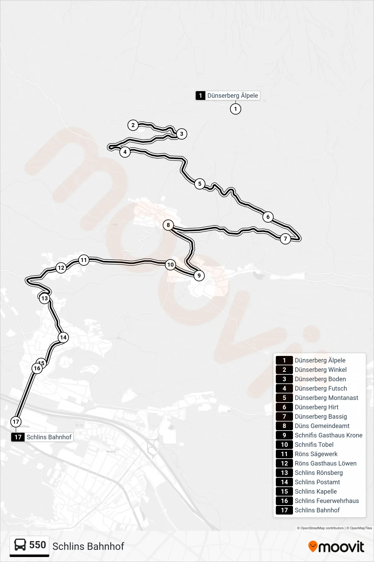 Linie 550 (Bus) Richtung Schlins Bahnhof: Route und Haltestellen auf der Karte