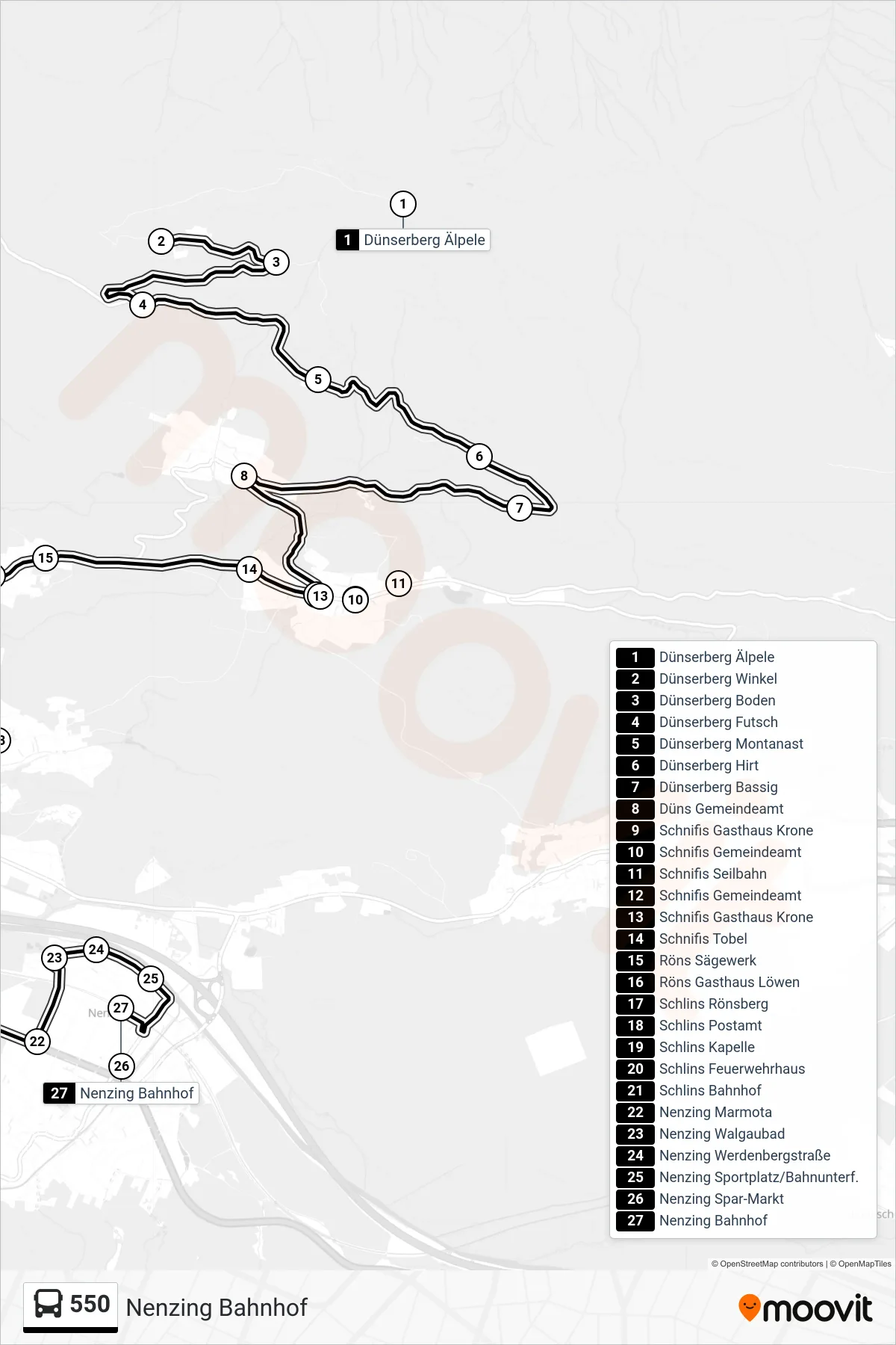 550 bus Line (Nenzing Bahnhof) route and stops on a map