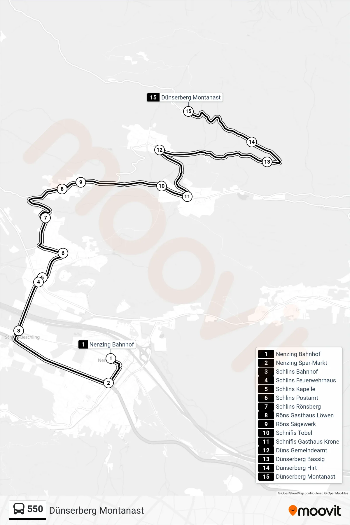 550 bus Line (Dünserberg Montanast) route and stops on a map