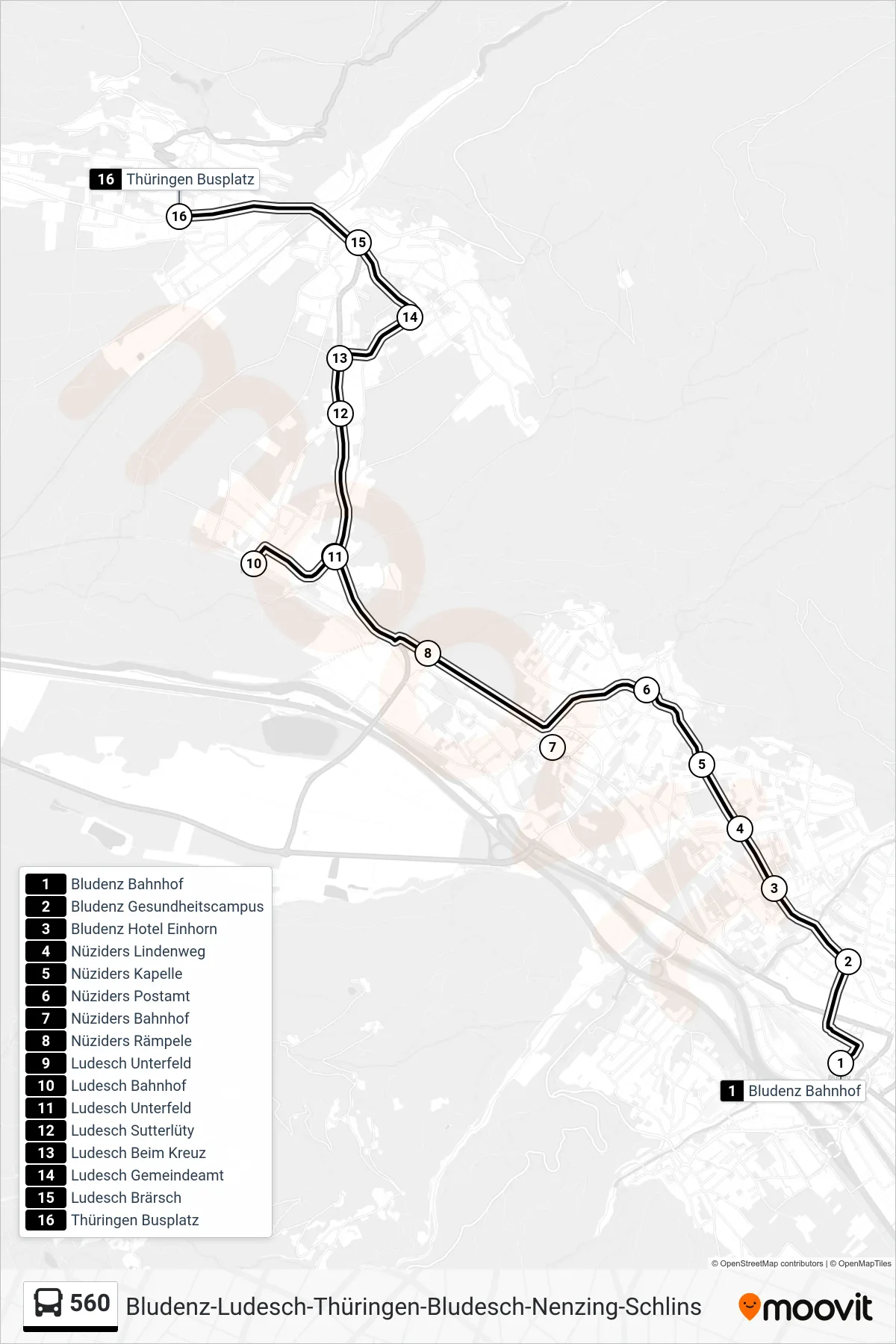 Linie 560 (Bus) Richtung Thüringen Busplatz: Route und Haltestellen auf der Karte