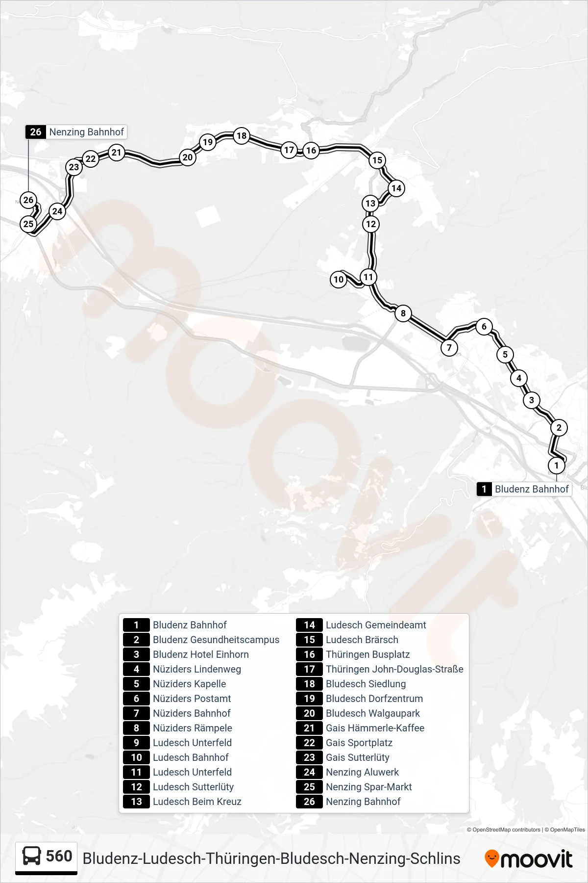 Linie 560 (Bus) Richtung Nenzing Bahnhof: Route und Haltestellen auf der Karte