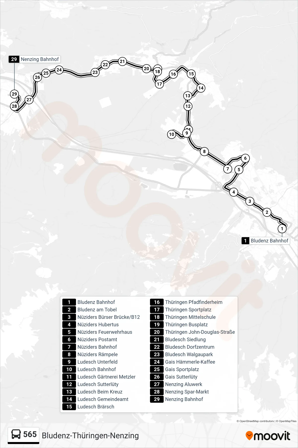 565 bus Line (Nenzing Bahnhof) route and stops on a map