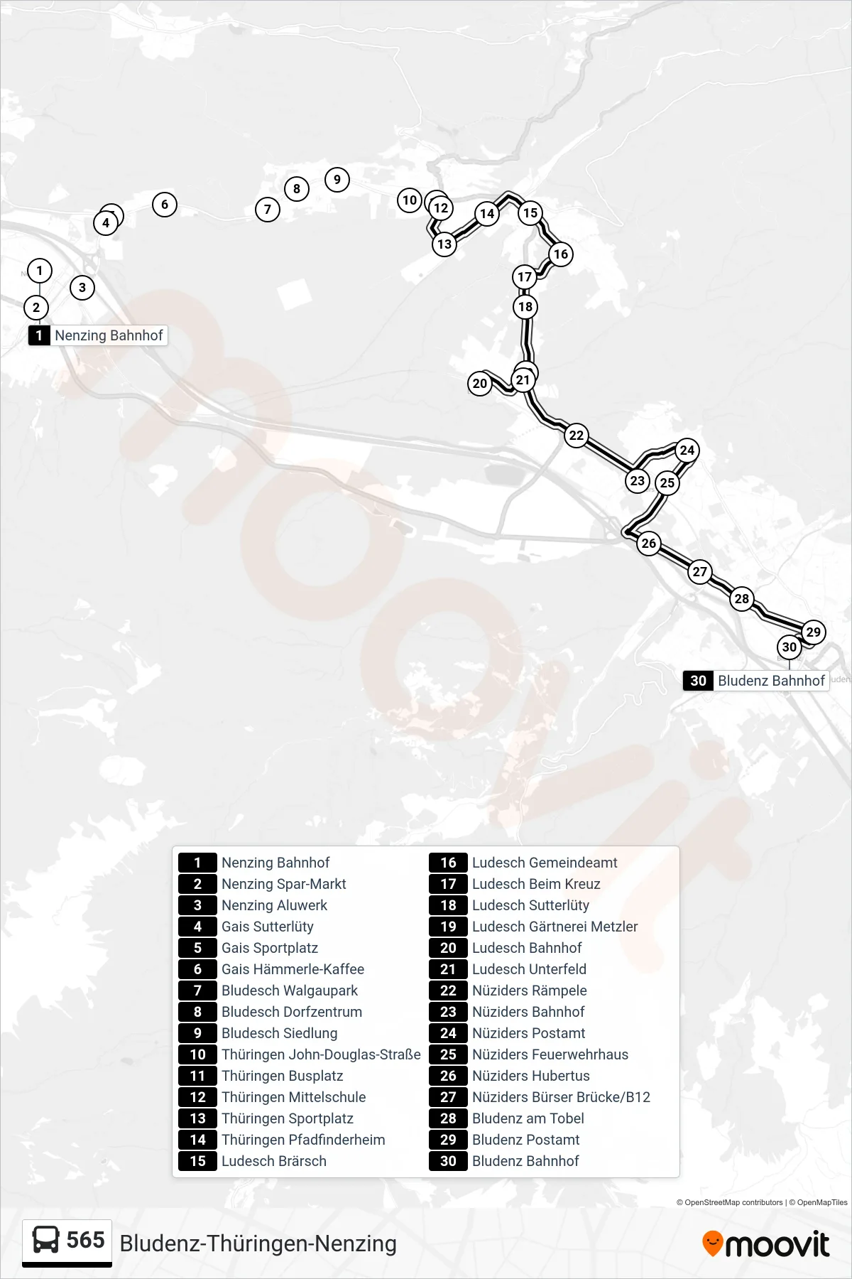 Linie 565 (Bus) Richtung Bludenz Bahnhof: Route und Haltestellen auf der Karte