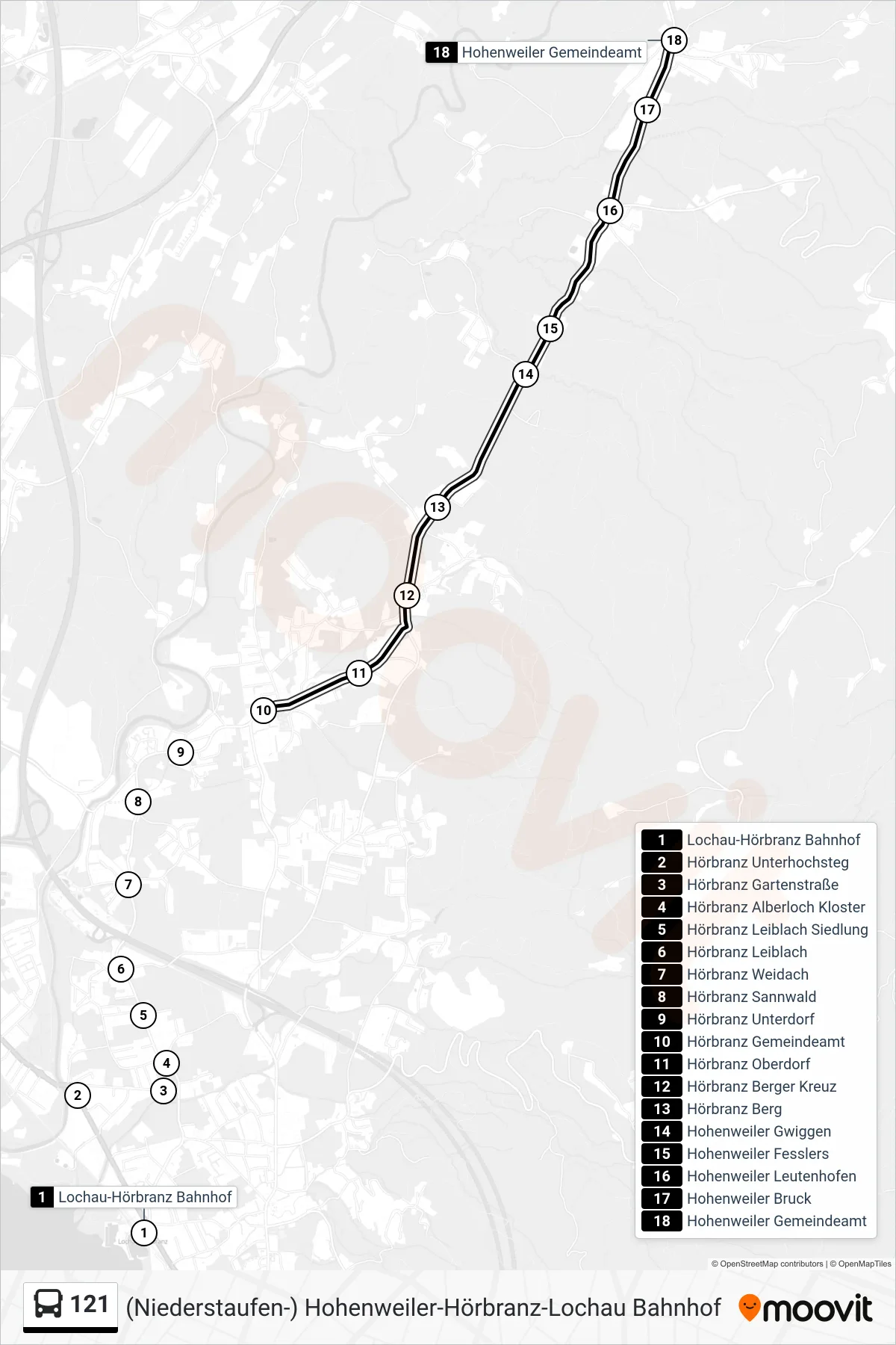 121 bus Line (Hohenweiler Gemeindeamt) route and stops on a map