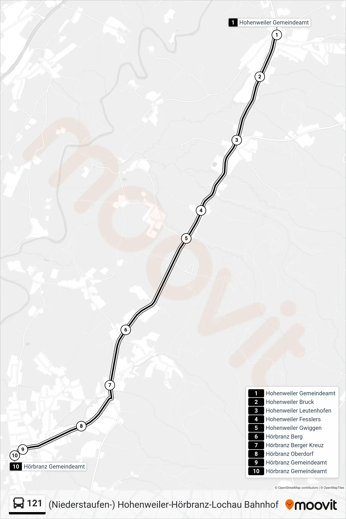 121 bus Line (Hörbranz Gemeindeamt) route and stops on a map