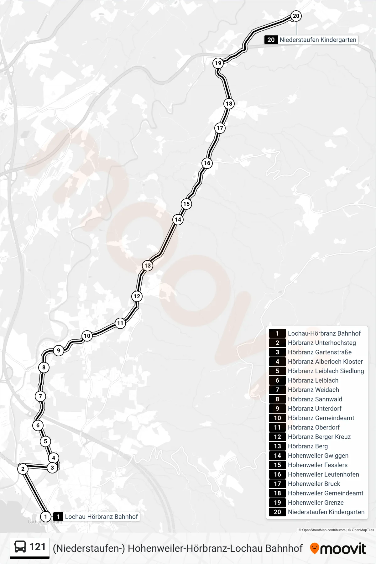 121 bus Line (Niederstaufen Kindergarten) route and stops on a map