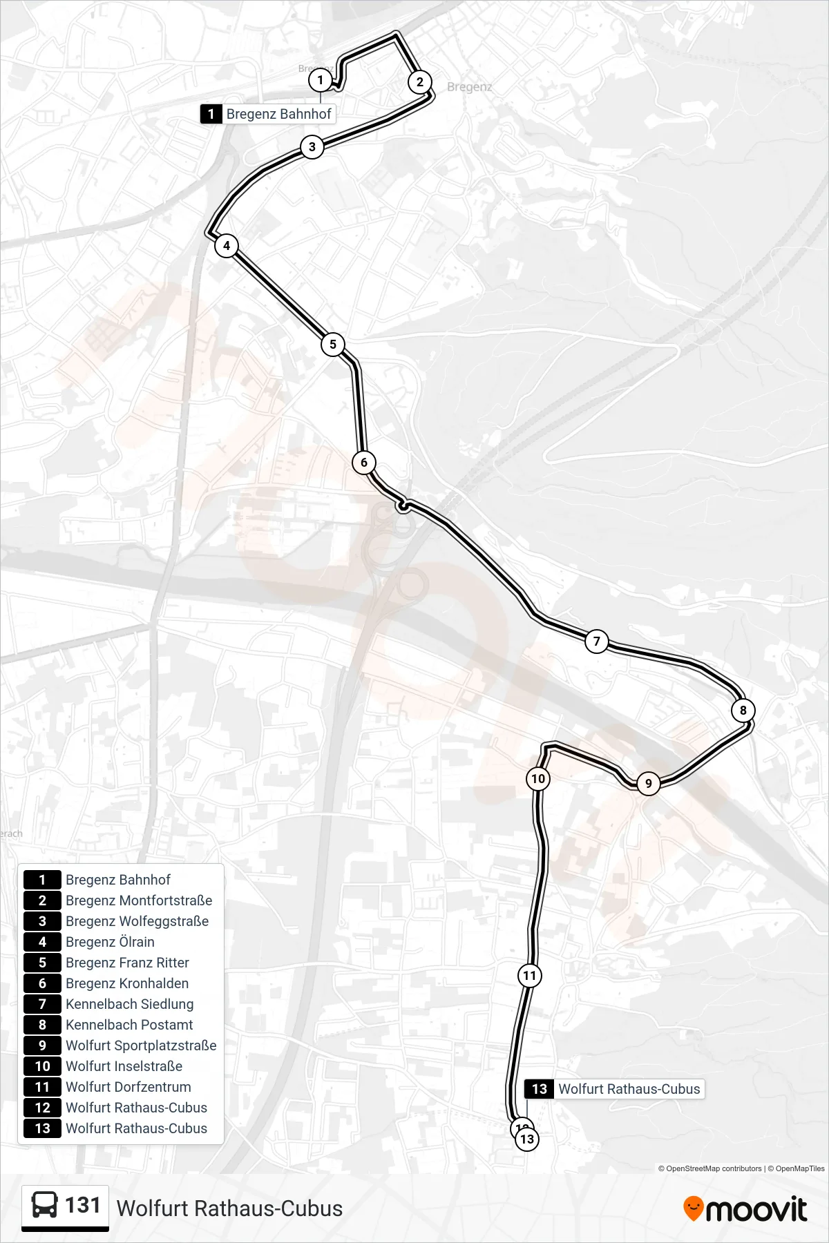 Linie 131 (Bus) Richtung Wolfurt Rathaus-Cubus: Route und Haltestellen auf der Karte