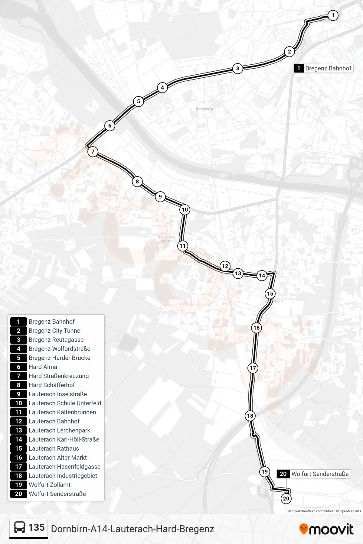 Linie 135 (Bus) Richtung Wolfurt Senderstraße: Route und Haltestellen auf der Karte