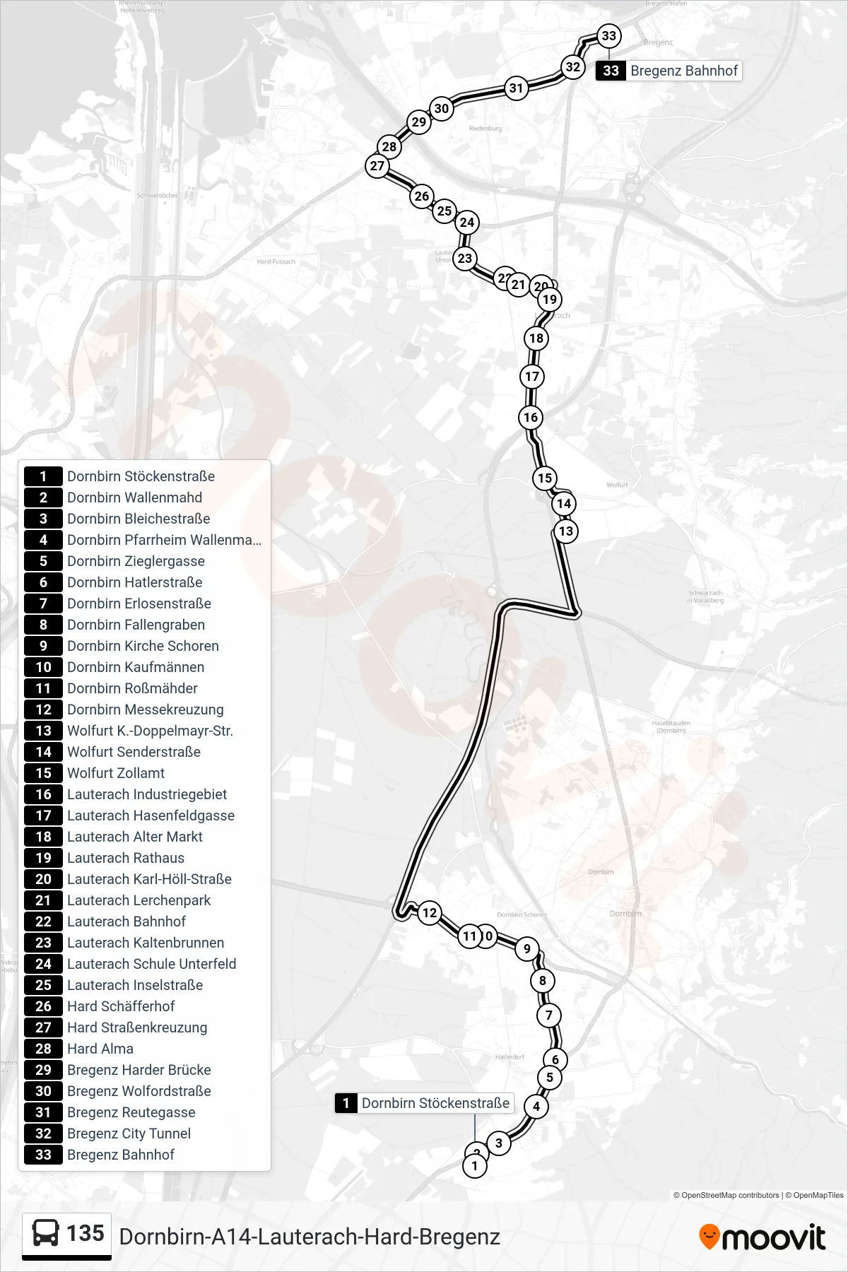 135 bus Line (Bregenz Bahnhof) route and stops on a map