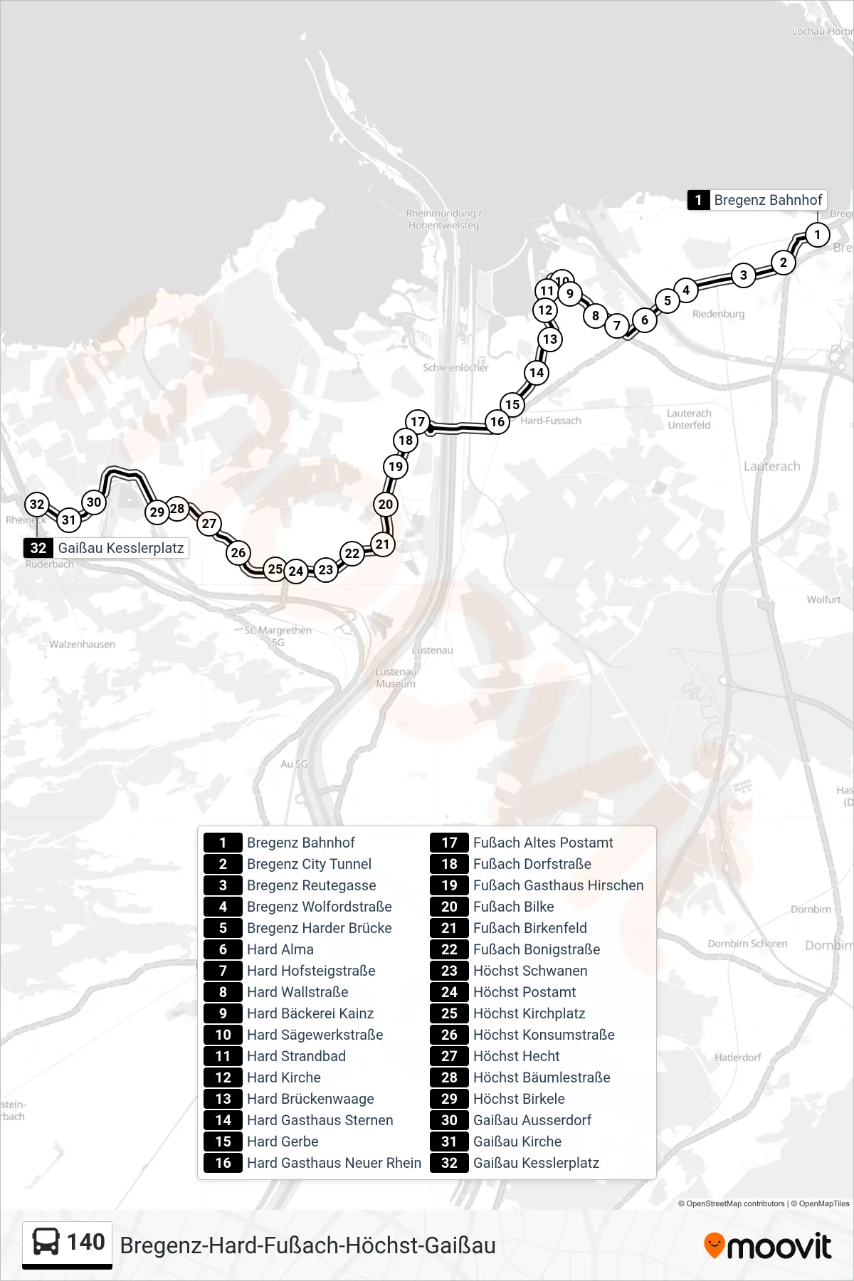 Linie 140 (Bus) Richtung Gaißau Kesslerplatz: Route und Haltestellen auf der Karte