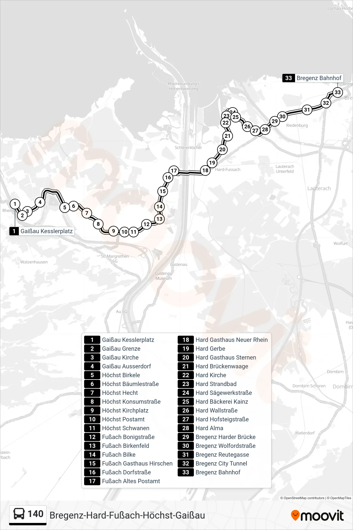 140 bus Line (Bregenz Bahnhof) route and stops on a map