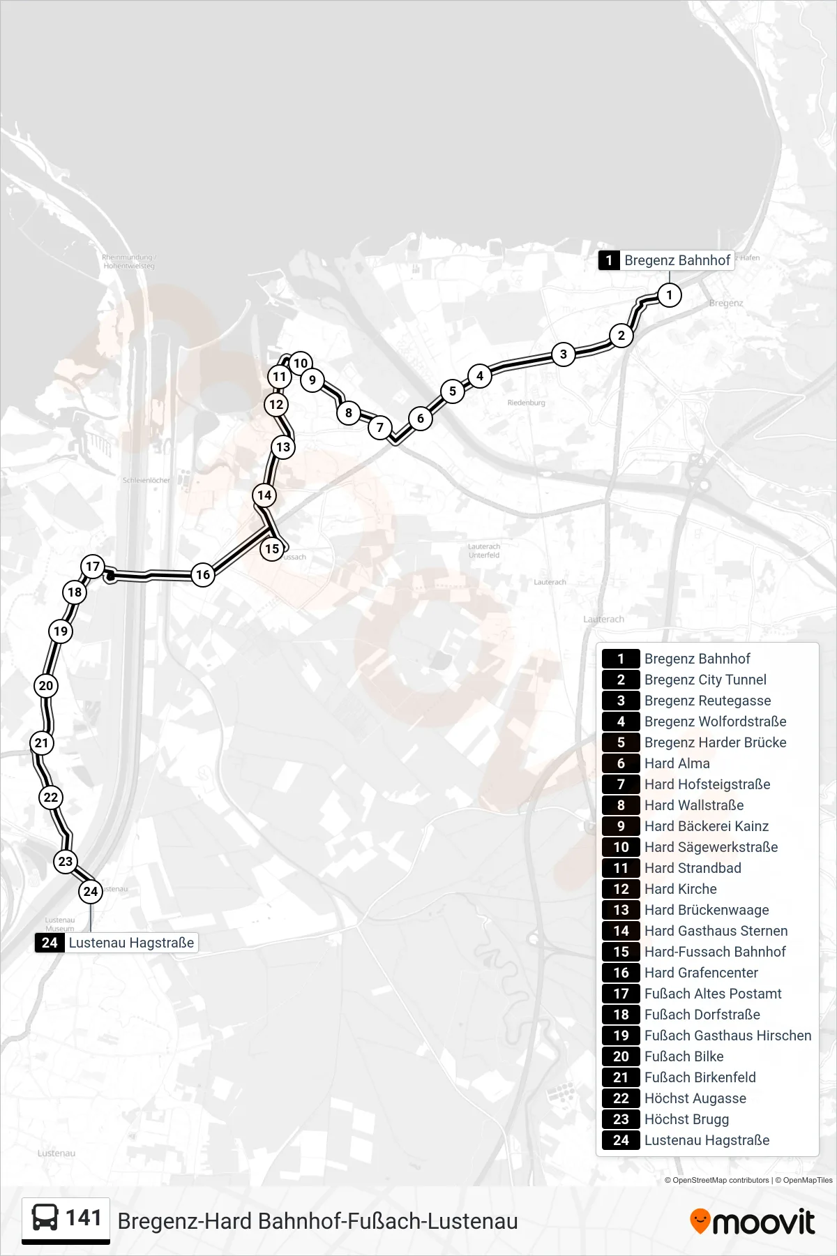Linie 141 (Bus) Richtung Lustenau Hagstraße: Route und Haltestellen auf der Karte