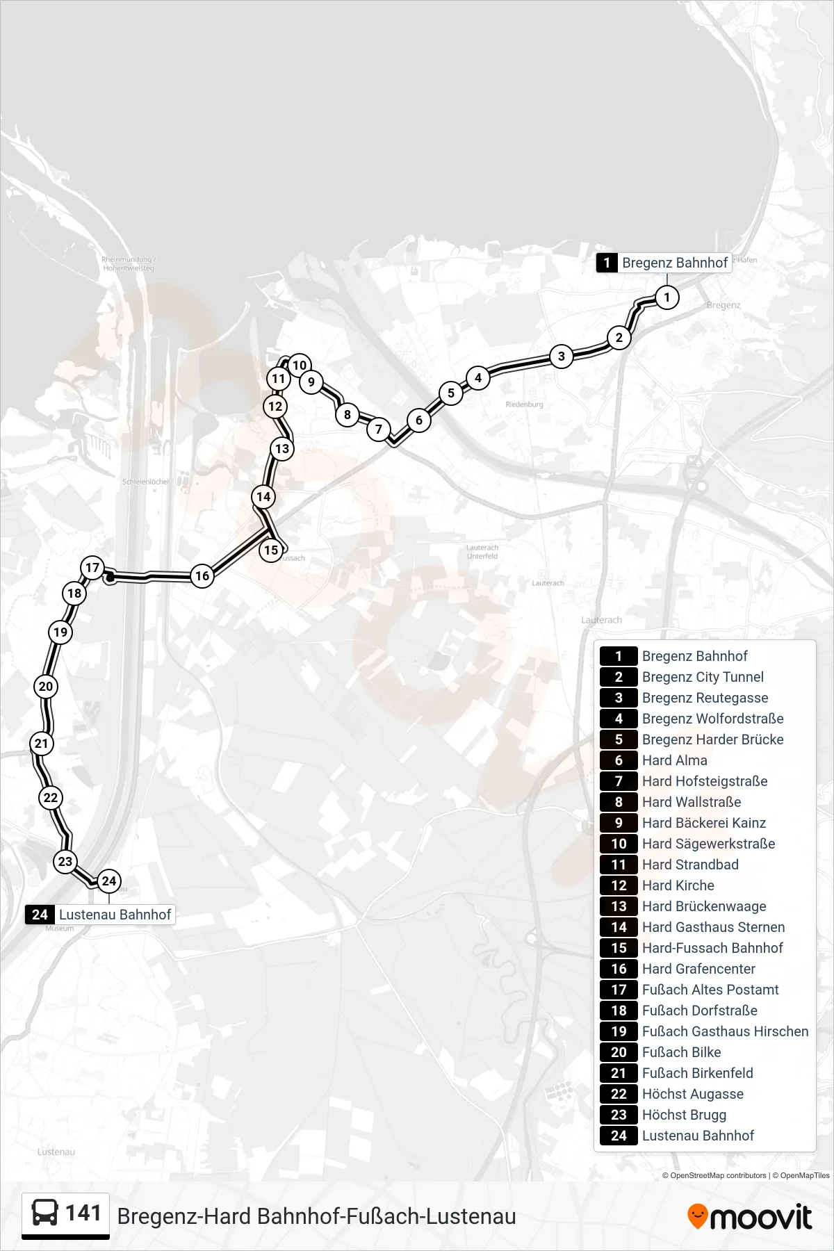 141 bus Line (Lustenau Bahnhof) route and stops on a map